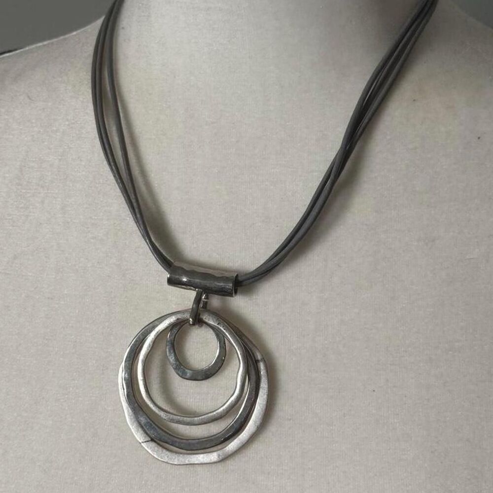 Vintage Silver Toned Metal Layered Circles Cord Necklace